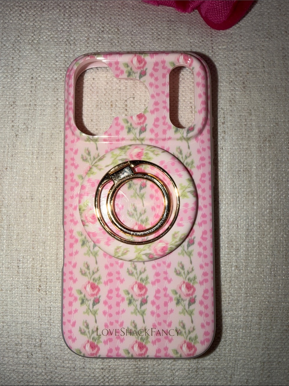 LoveShackFancy Pink Floral iPhone 17 Pro Case with Gold Ring Grip